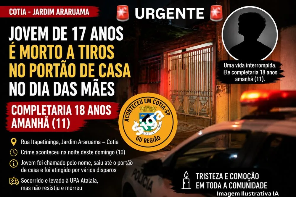 Jovem de 17 anos é morto a tiros no portão de casa em Cotia; completaria 18 anos amanhã